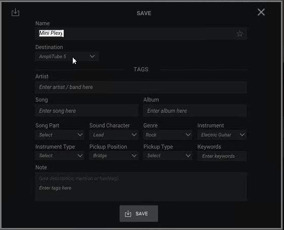 プリセット保存情報入力画面